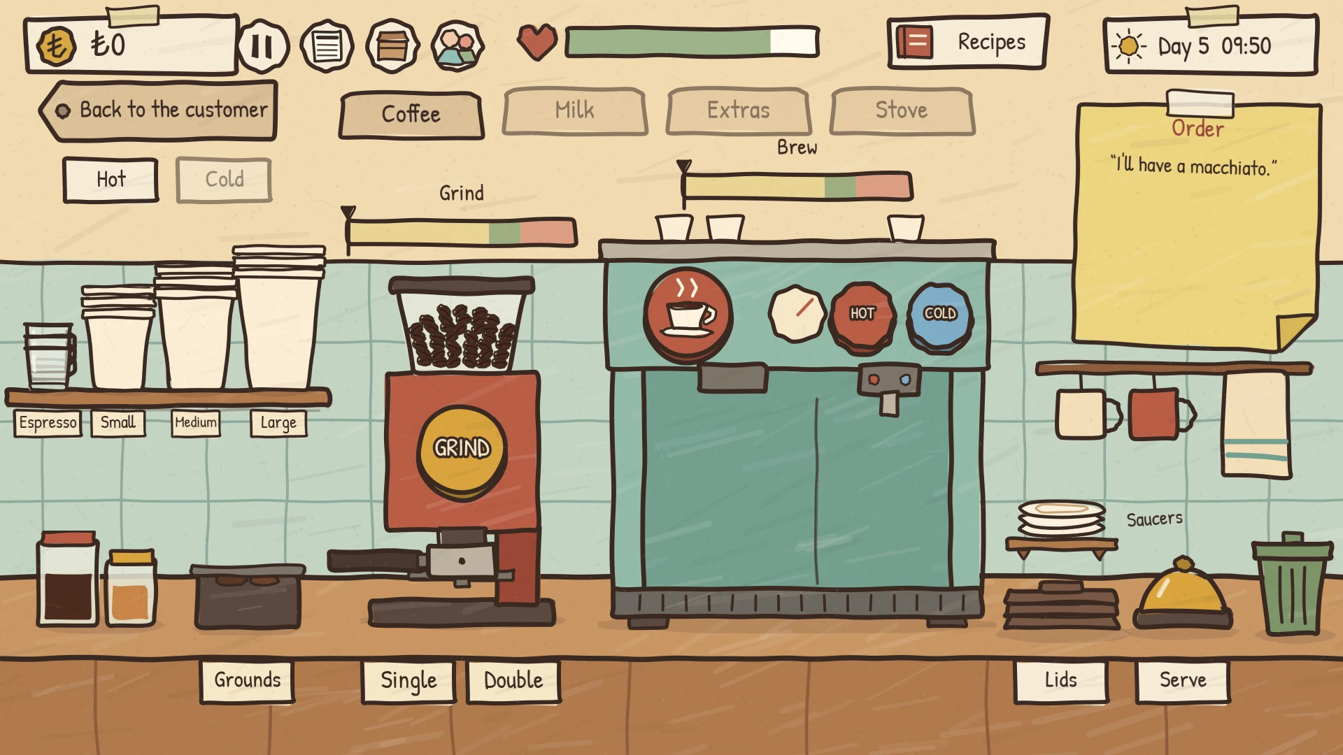 The espresso station: grinder, portafilter and a brew gauge with a green target zone