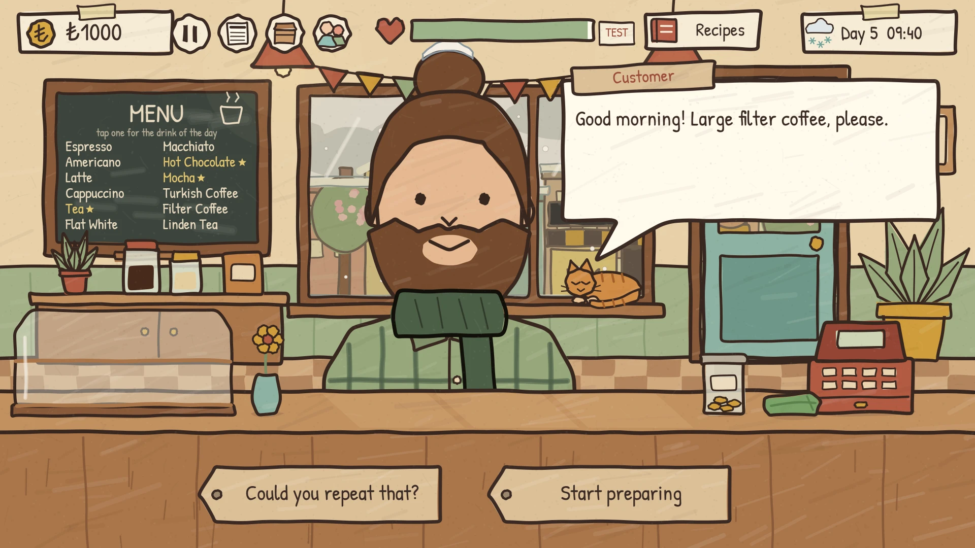 A bearded customer in a green scarf asks for a large filter coffee