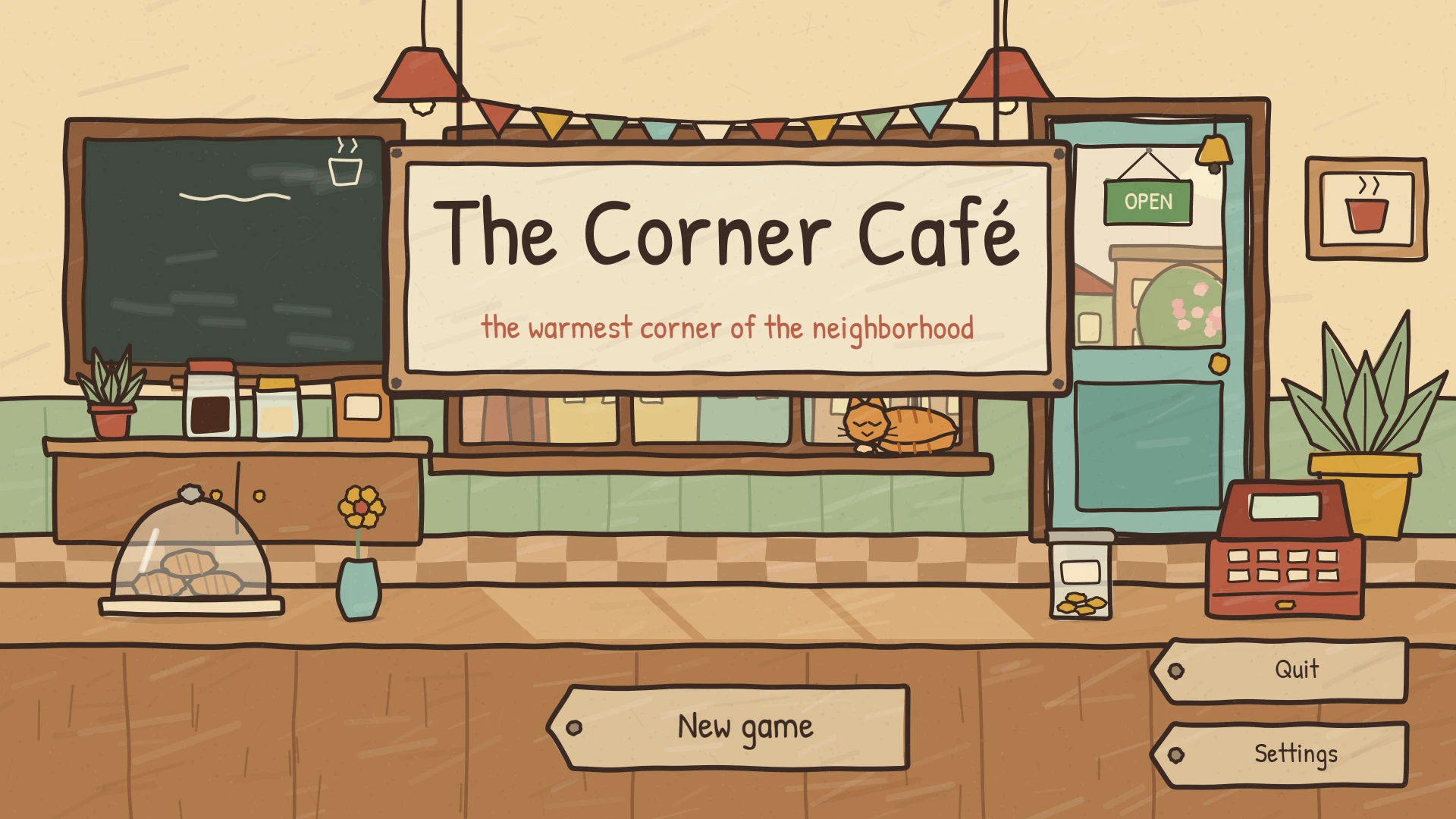 The Corner Café title screen: the cafe with its chalkboard, cat on the windowsill and an OPEN sign on the door